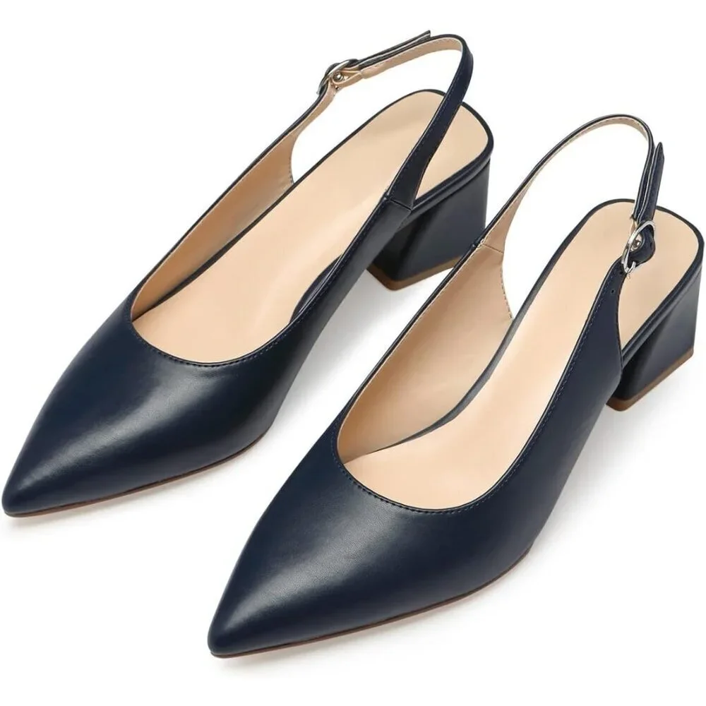 Women Slingback Navy Toe Block Heel Pump Low Heel Office Wedding Dress Shoes